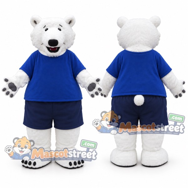 White Polar Bear Mascot Costume with Blue Shirt and Navy Shorts