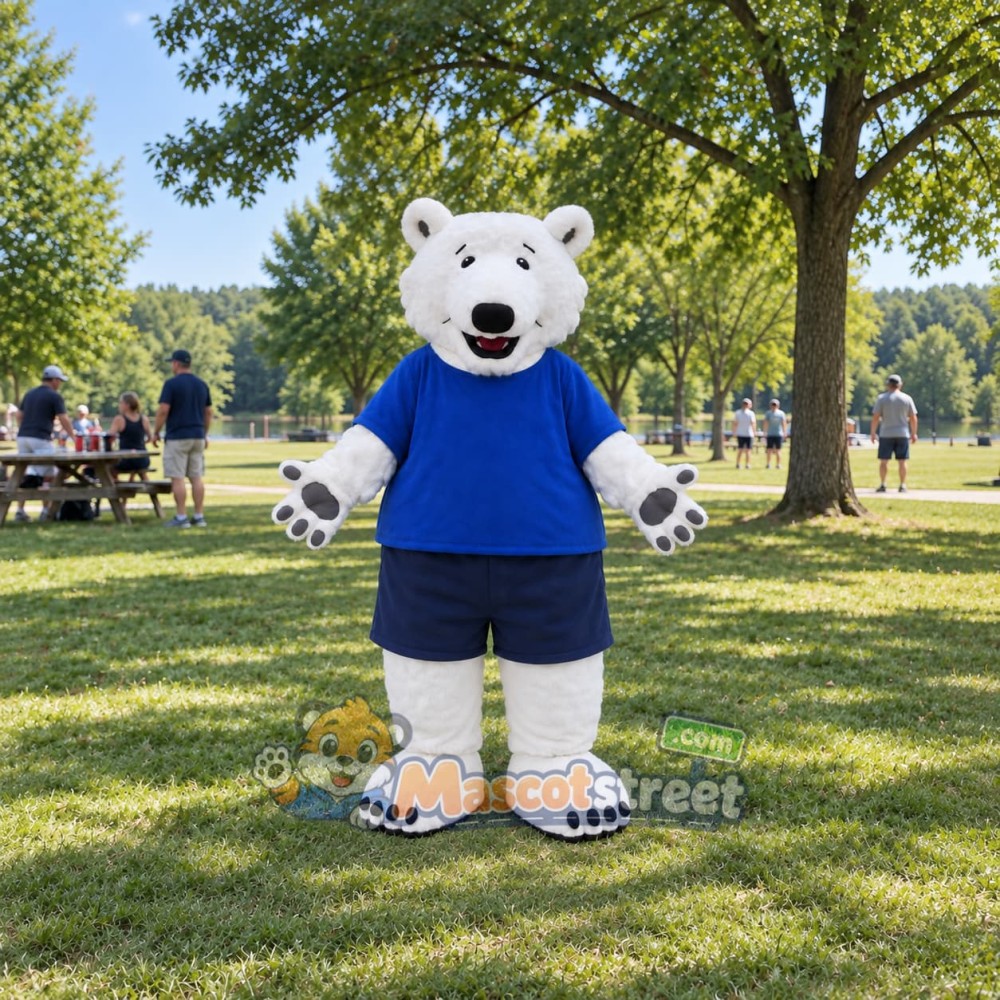 White Polar Bear Mascot Costume with Blue Shirt and Navy Shorts