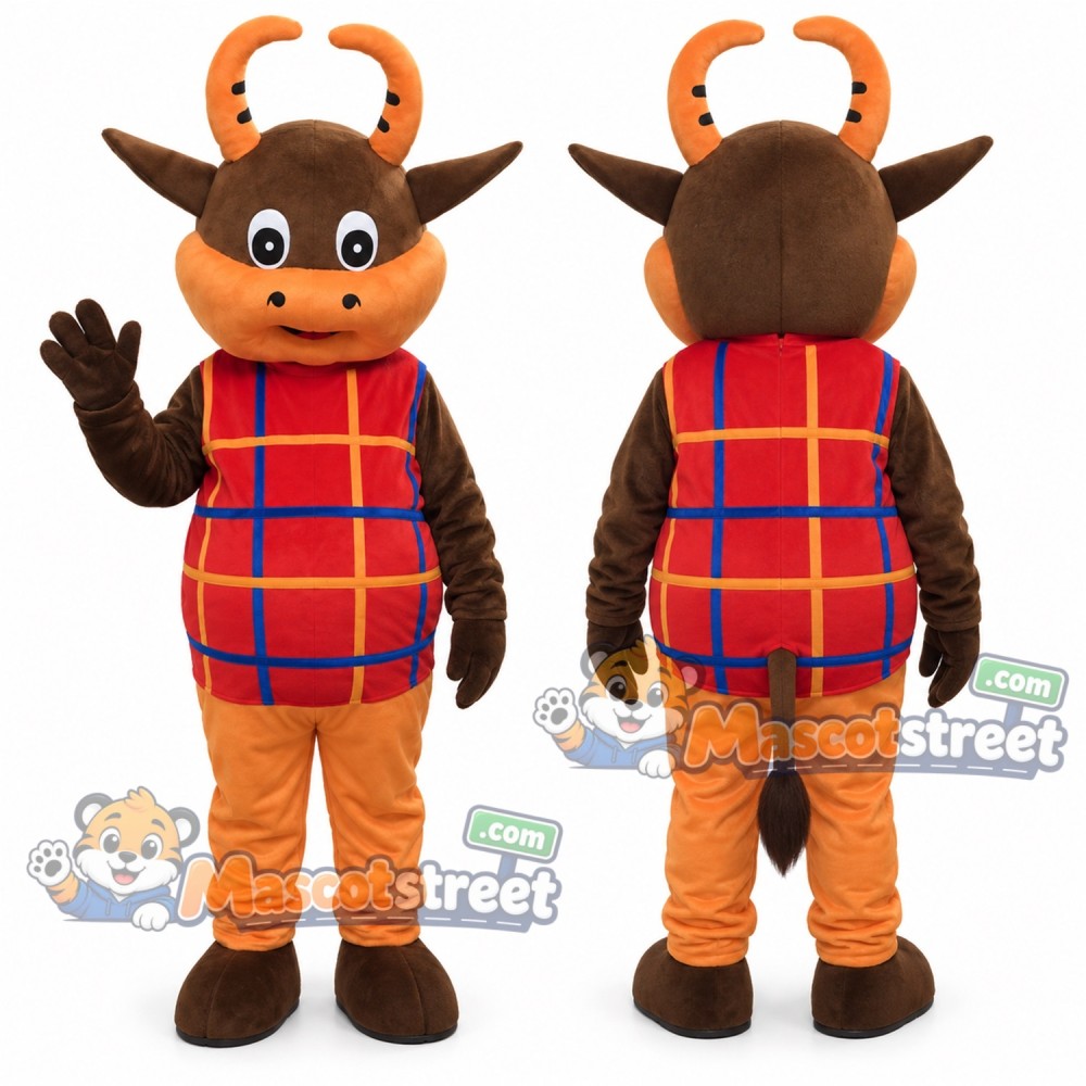 Brown Bull Mascot Costume with Red Plaid Vest and Orange Pants