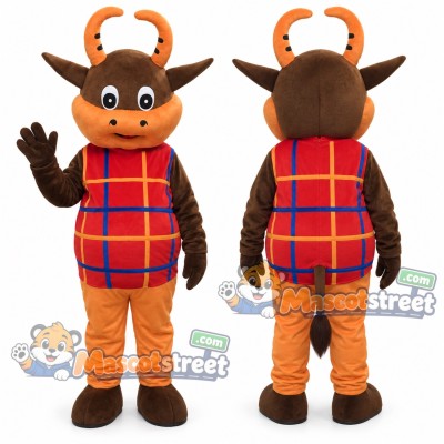 Brown Bull Mascot Costume with Red Plaid Vest and Orange Pants
