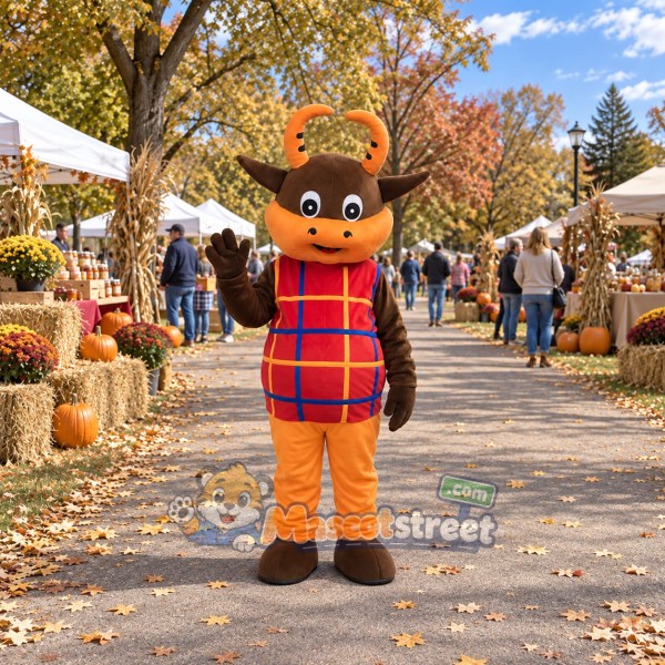 Brown Bull Mascot Costume with Red Plaid Vest and Orange Pants