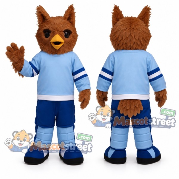 Brown Owl Mascot Costume with Blue Sports Uniform
