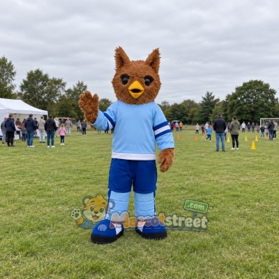 Brown Owl Mascot Costume with Blue Sports Uniform Brown Owl Mascot Costume with Blue Sports Uniform
