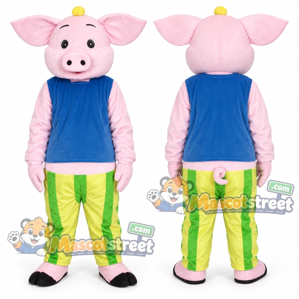 Pink Pig Mascot Costume with Blue Shirt and Green Striped Pants