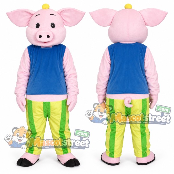 Pink Pig Mascot Costume with Blue Shirt and Green Striped Pants