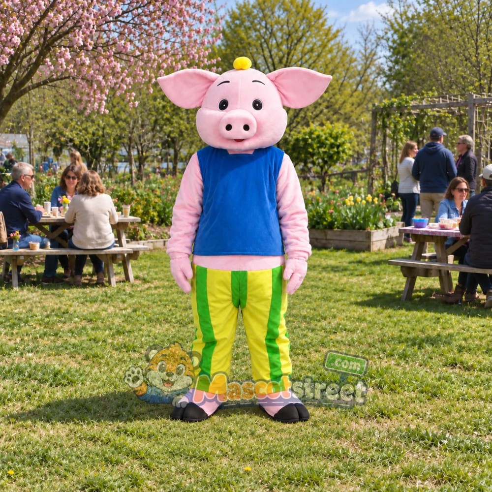 Pink Pig Mascot Costume with Blue Shirt and Green Striped Pants