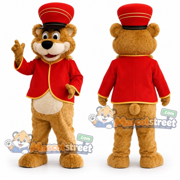 Tan Bear Mascot Costume with Red Bellhop Jacket and Hat