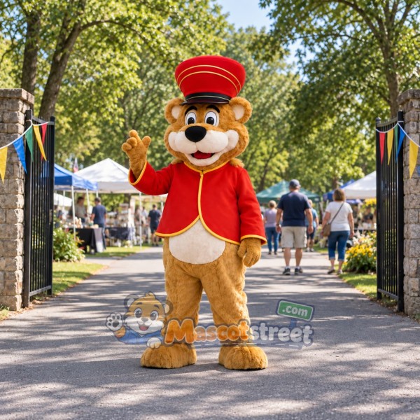 Tan Bear Mascot Costume with Red Bellhop Jacket and Hat