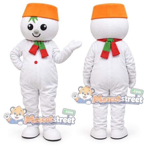 Snowman Mascot Costume with Orange Hat and Red Scarf