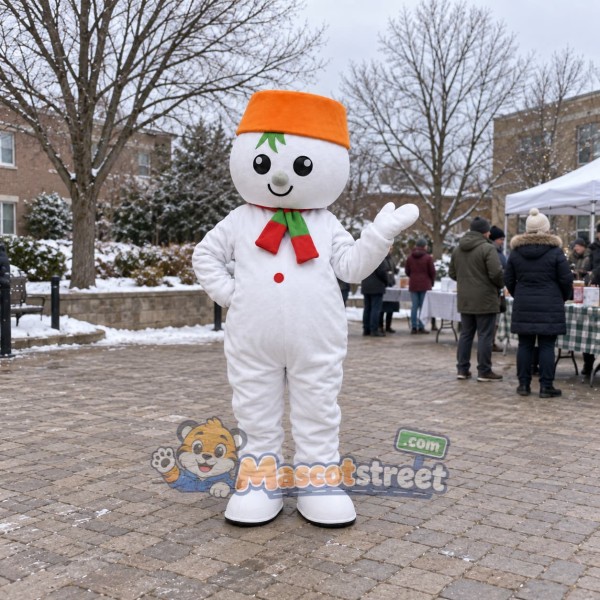 Snowman Mascot Costume with Orange Hat and Red Scarf
