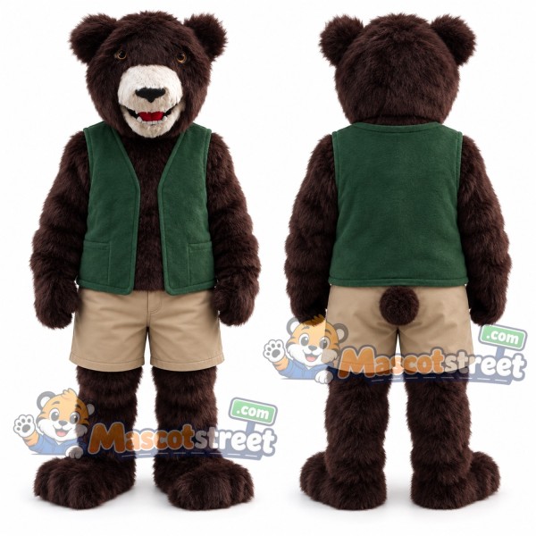 Brown Bear Mascot Costume with Green Vest and Beige Shorts