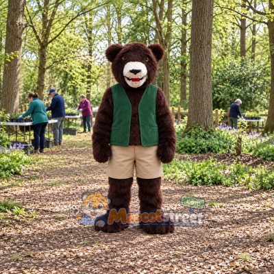 Brown Bear Mascot Costume with Green Vest and Beige Shorts Brown Bear Mascot Costume with Green Vest and Beige Shorts