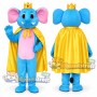Blue Elephant King Mascot Costume with Pink Shirt, Yellow Cape and Crown