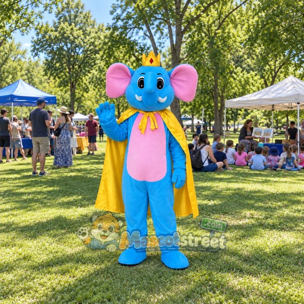 Blue Elephant King Mascot Costume with Pink Shirt, Yellow Cape and Crown