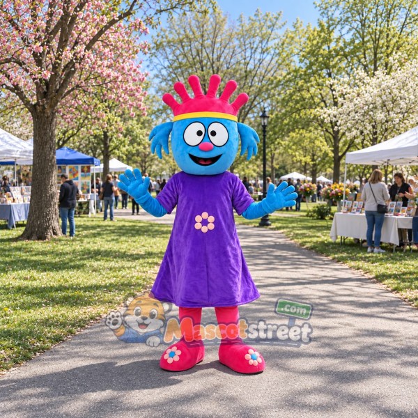 Blue Clown Mascot Costume with Purple Dress and Pink Crown