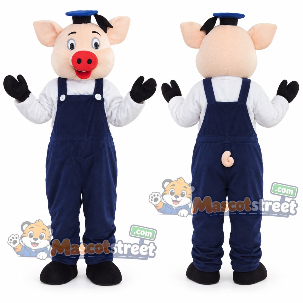 Pink Pig Mascot Costume with Navy Overalls, White Shirt and Navy Hat
