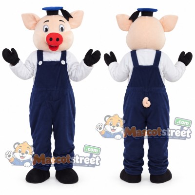 Pink Pig Mascot Costume with Navy Overalls, White Shirt and Navy Hat
