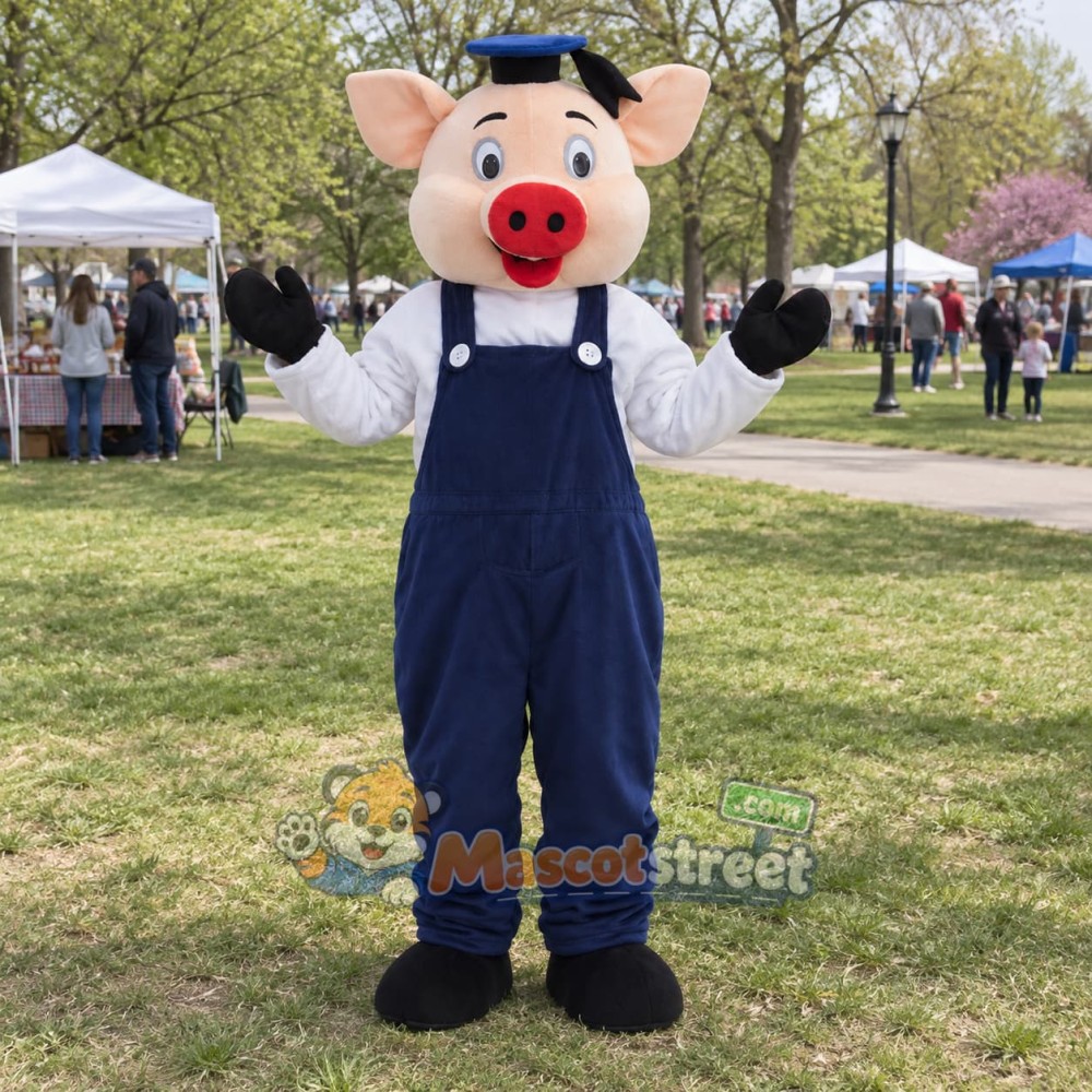 Pink Pig Mascot Costume with Navy Overalls, White Shirt and Navy Hat