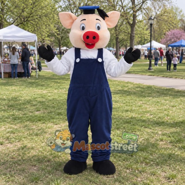 Pink Pig Mascot Costume with Navy Overalls, White Shirt and Navy Hat