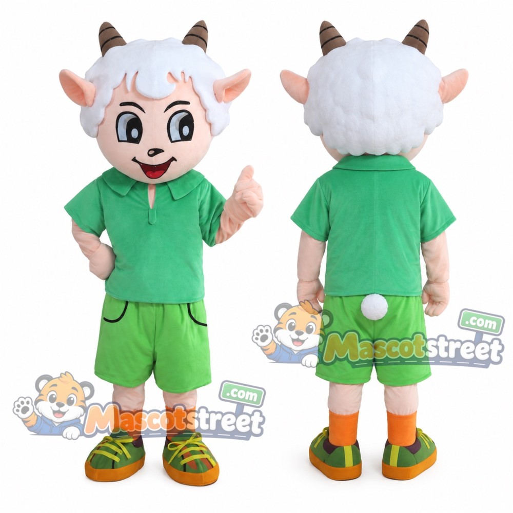 White Sheep Mascot Costume with Green Shirt and Shorts