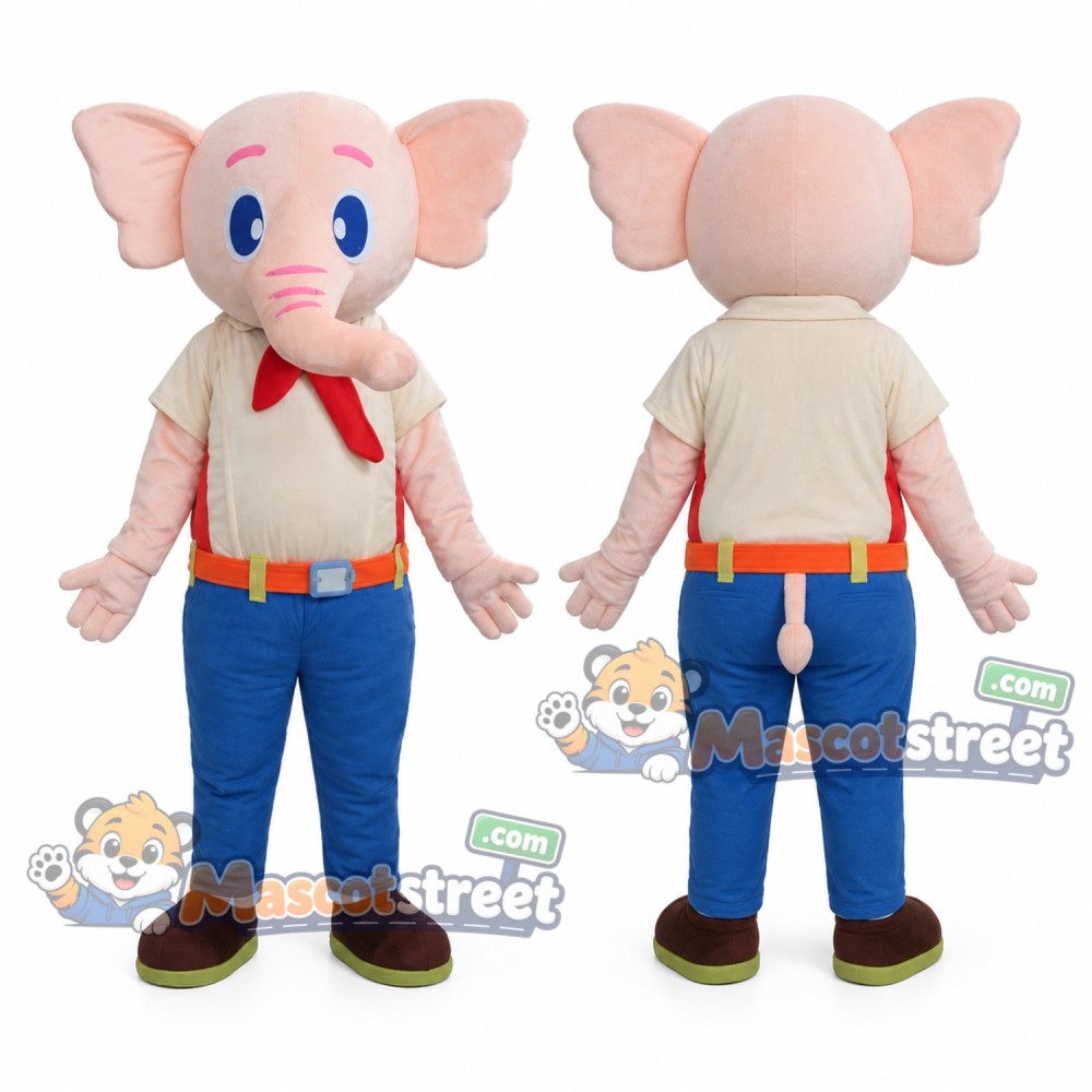 Pink Elephant Mascot Costume with Cream Shirt, Blue Pants and Red Neckerchief