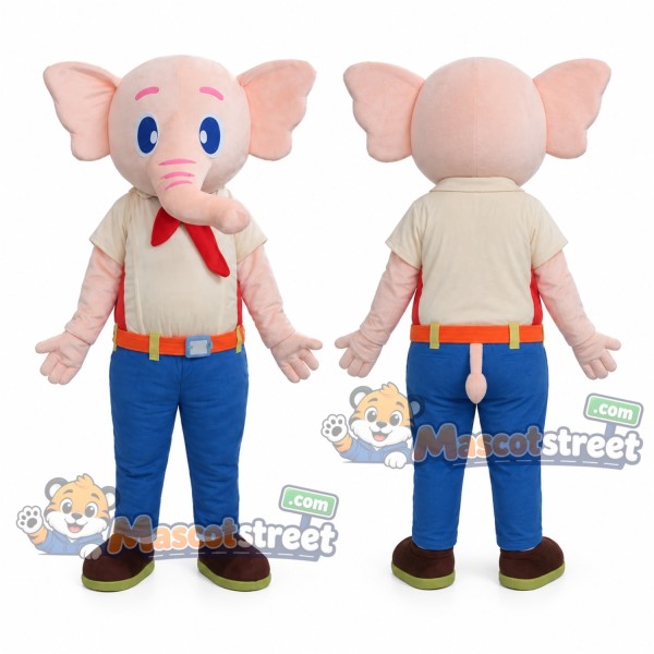 Pink Elephant Mascot Costume with Cream Shirt, Blue Pants and Red Neckerchief