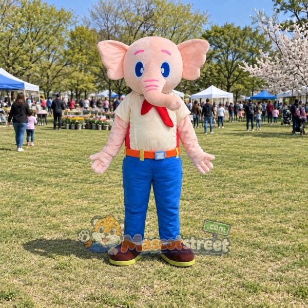 Pink Elephant Mascot Costume with Cream Shirt, Blue Pants and Red Neckerchief
