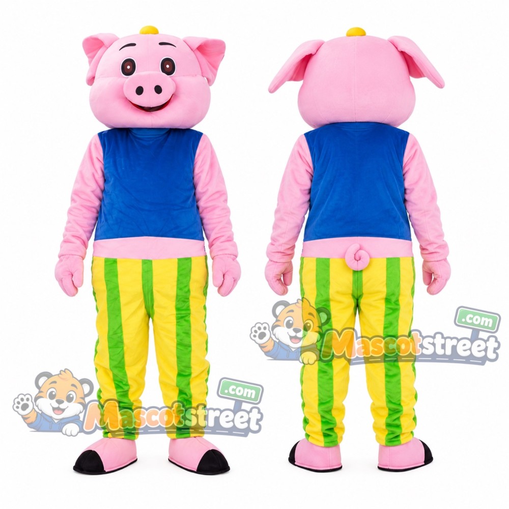 Pink Pig Mascot Costume with Blue Shirt and Green Striped Pants