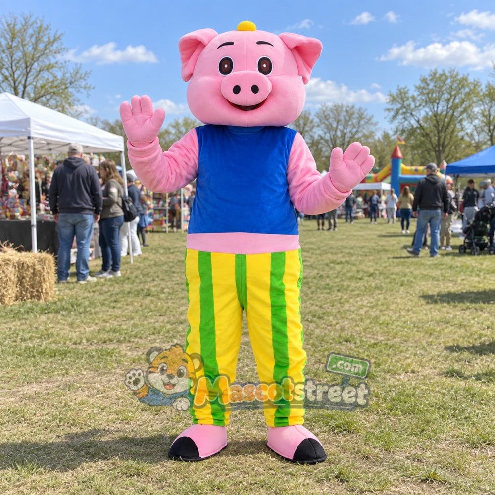 Pink Pig Mascot Costume with Blue Shirt and Green Striped Pants