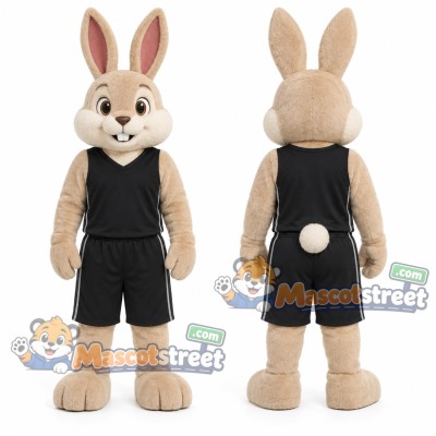 Tan Rabbit Mascot Costume with Black Sleeveless Shirt and Shorts