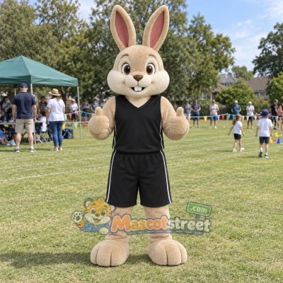 Tan Rabbit Mascot Costume with Black Sleeveless Shirt and Shorts