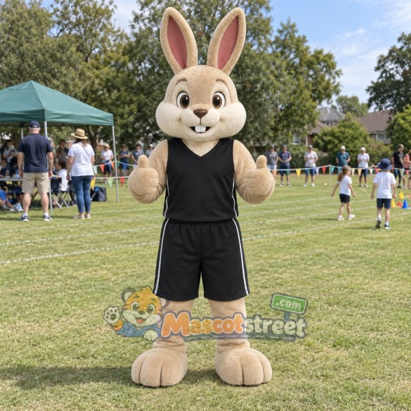 Tan Rabbit Mascot Costume with Black Sleeveless Shirt and Shorts
