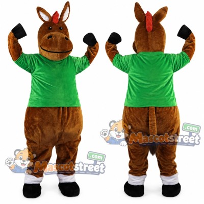 Brown Donkey Mascot Costume with Green Shirt