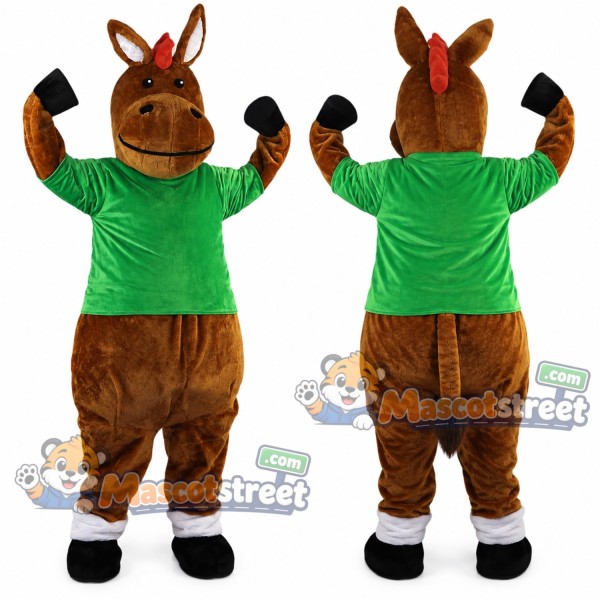 Brown Donkey Mascot Costume with Green Shirt