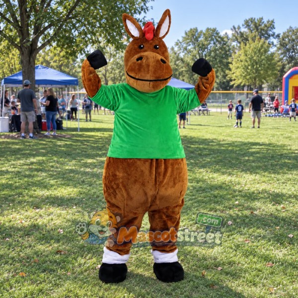 Brown Donkey Mascot Costume with Green Shirt