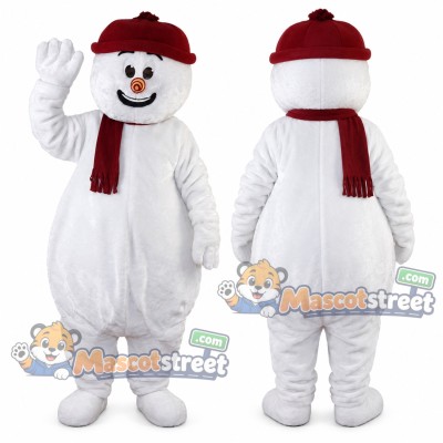 Snowman Mascot Costume with Burgundy Scarf and Knit Hat