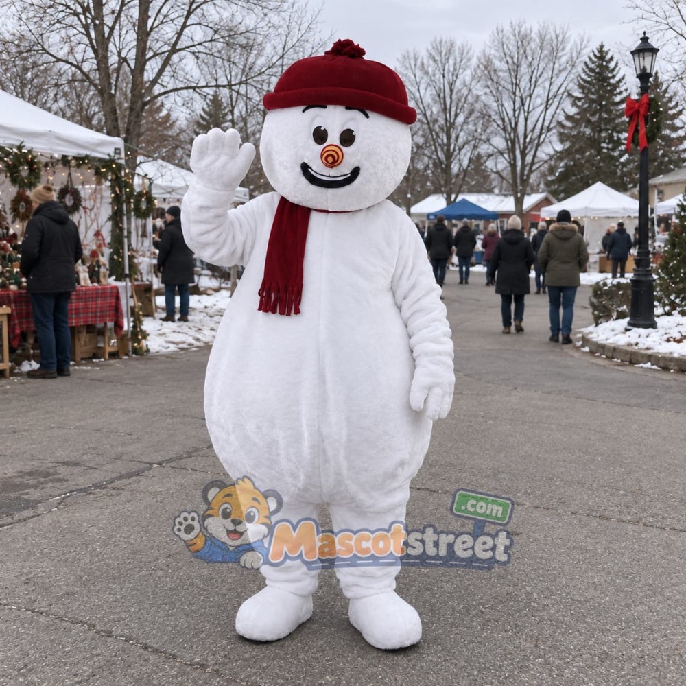 Snowman Mascot Costume with Burgundy Scarf and Knit Hat