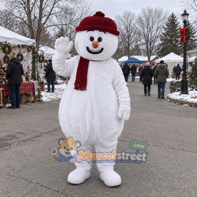 Snowman Mascot Costume with Burgundy Scarf and Knit Hat