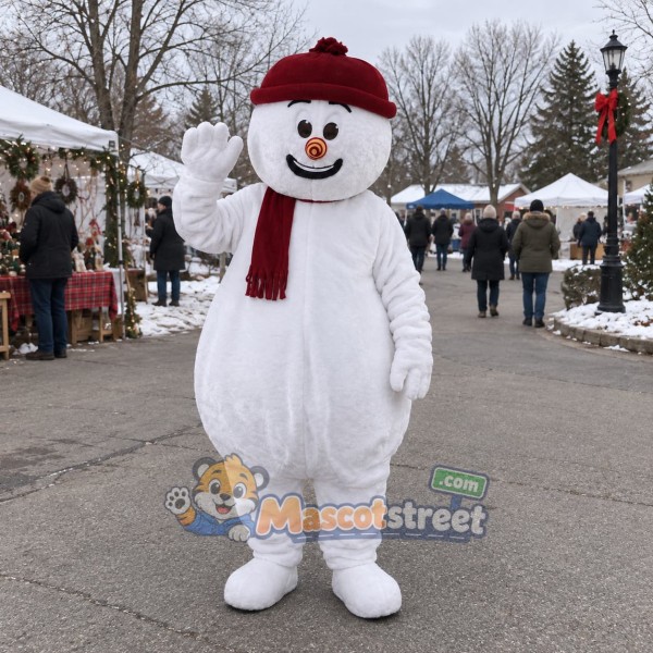 Snowman Mascot Costume with Burgundy Scarf and Knit Hat