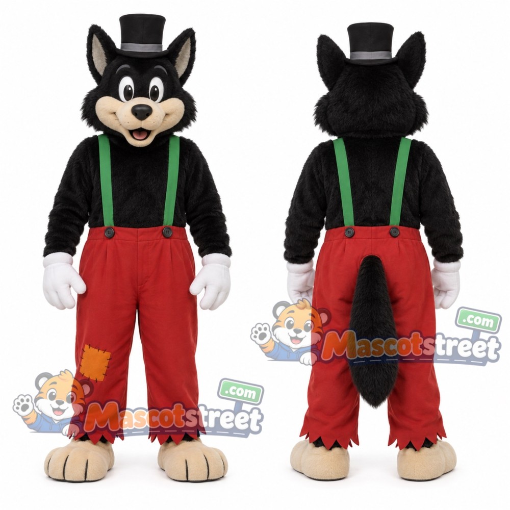 Black Wolf Mascot Costume with Red Pants, Green Suspenders and Black Top Hat