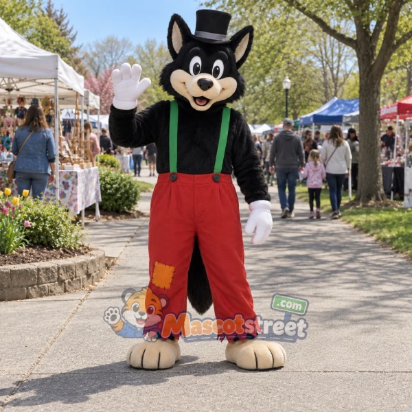 Black Wolf Mascot Costume with Red Pants, Green Suspenders and Black Top Hat