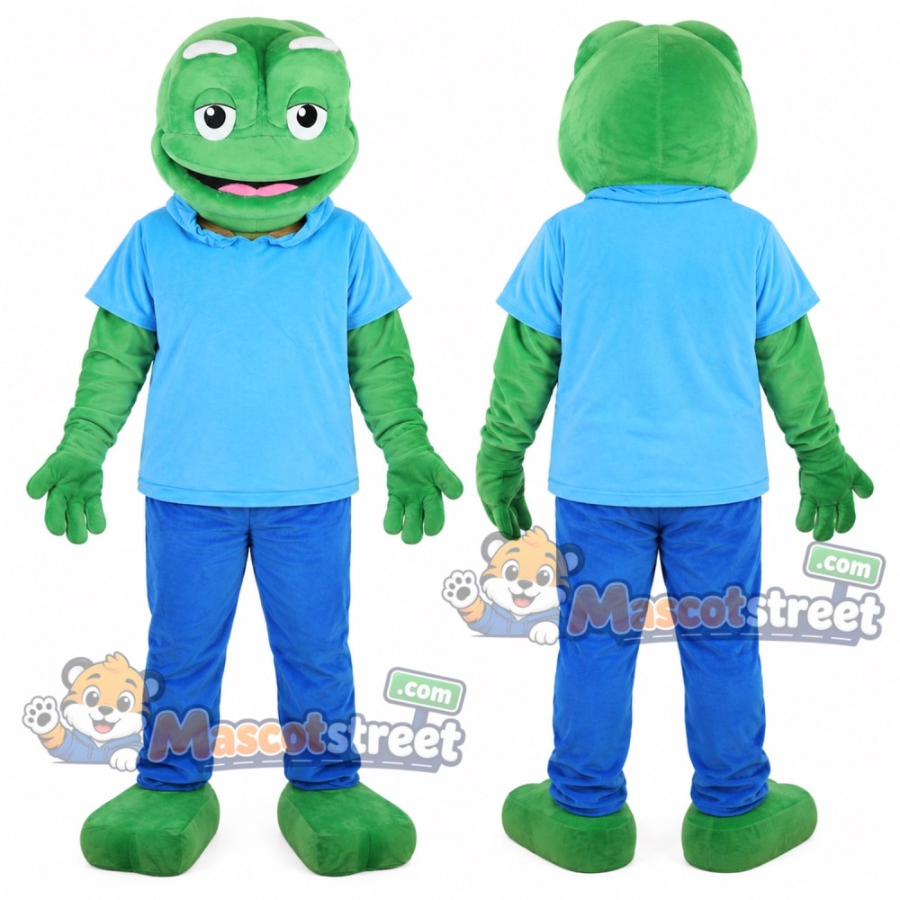 Green Frog Mascot Costume with Light Blue Shirt and Blue Pants Green Frog Mascot Costume with Light Blue Shirt and Blue Pants