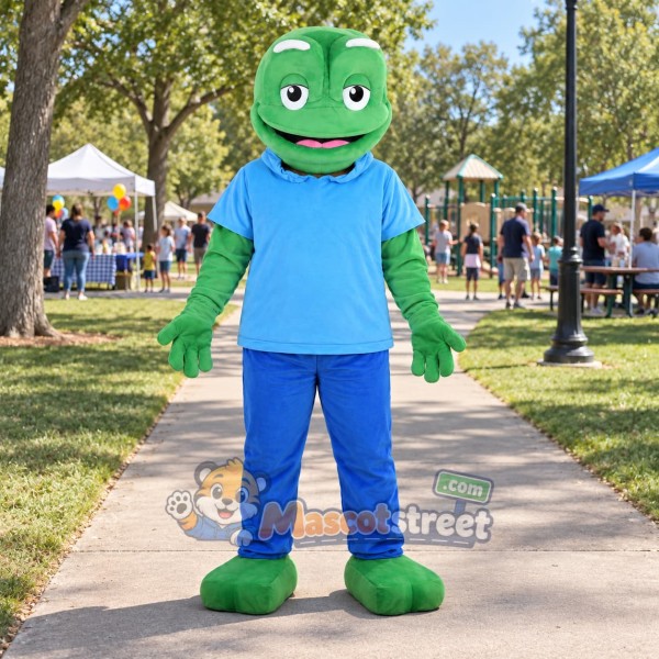 Green Frog Mascot Costume with Light Blue Shirt and Blue Pants