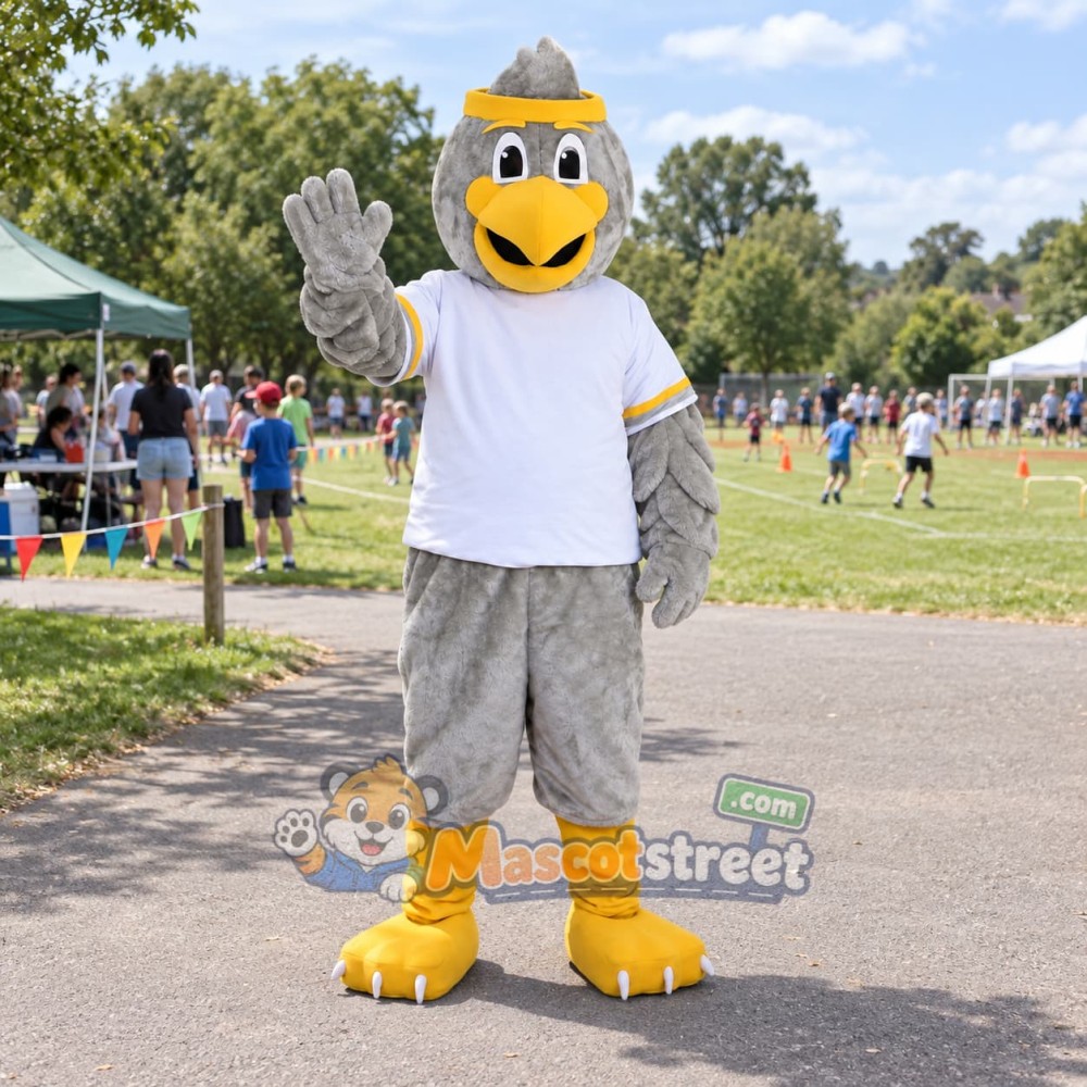 Gray Eagle Mascot Costume with White Shirt and Gray Hat
