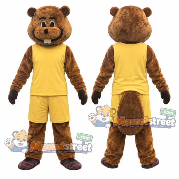 Brown Beaver Mascot Costume with Yellow Shirt and Shorts