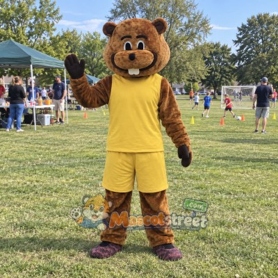 Brown Beaver Mascot Costume with Yellow Shirt and Shorts