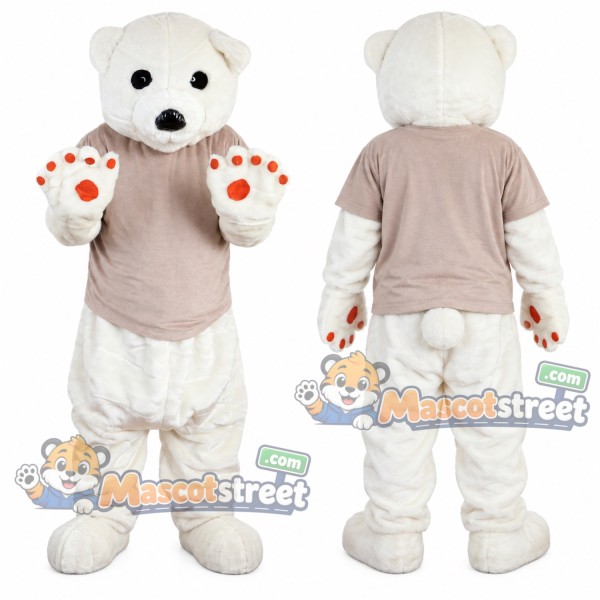 White Polar Bear Mascot Costume with Beige Shirt