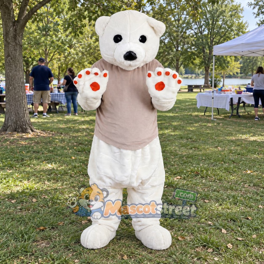 White Polar Bear Mascot Costume with Beige Shirt White Polar Bear Mascot Costume with Beige Shirt
