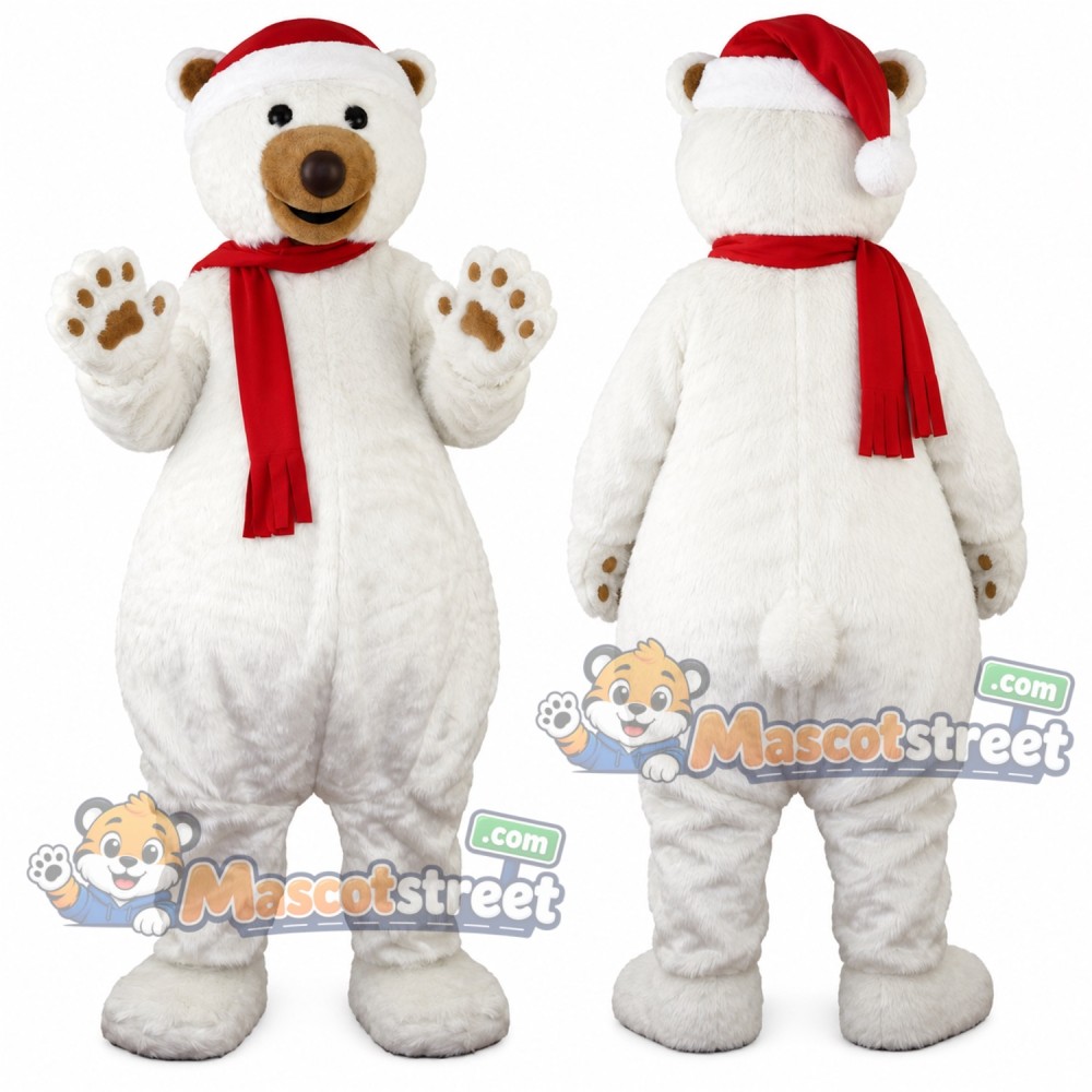 White Polar Bear Mascot Costume with Santa Hat and Red Scarf White Polar Bear Mascot Costume with Santa Hat and Red Scarf
