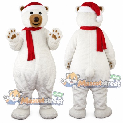 White Polar Bear Mascot Costume with Santa Hat and Red Scarf White Polar Bear Mascot Costume with Santa Hat and Red Scarf